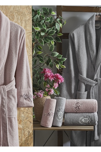 Dantela Σετ οικογενειακών μπουρνούζια από βαμβάκι Daisy 6 τεμαχίων - Πούδρα/Γκρι