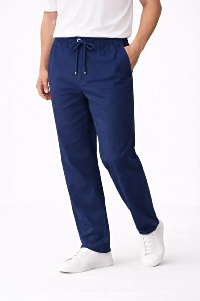 Butik Men's linen pocket pants with elastic waist, drawstring and front zippe...