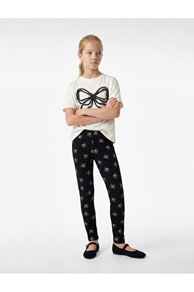 Koton Ribbon Printed Black Girls' Tights 6Skg40106Ak