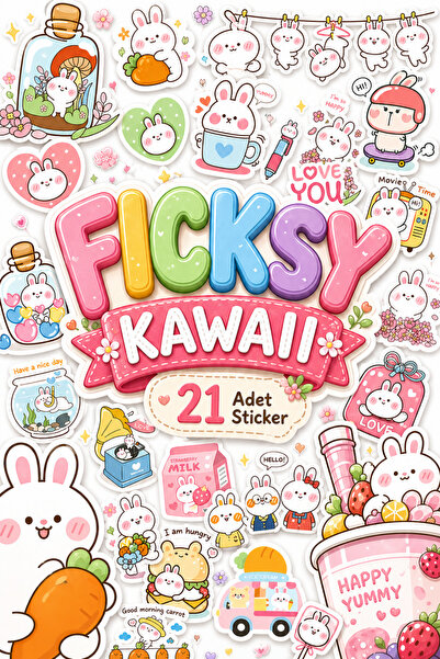 Ficksy Kawaii Stili Sevimli Tavşan Sticker Seti - 27 Adet Etiket Çıkartma