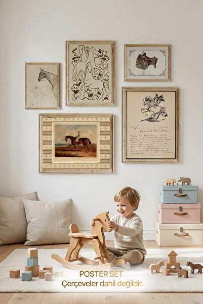 Horse Vintage At Figürlü 5’li Çerçevesiz Poster Seti – Salon & Ofis Dekoru
