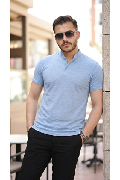 Butik تي شيرت رجالي بأكمام قصيرة من نسيج القطن المنسوج بياقة هاكيوم