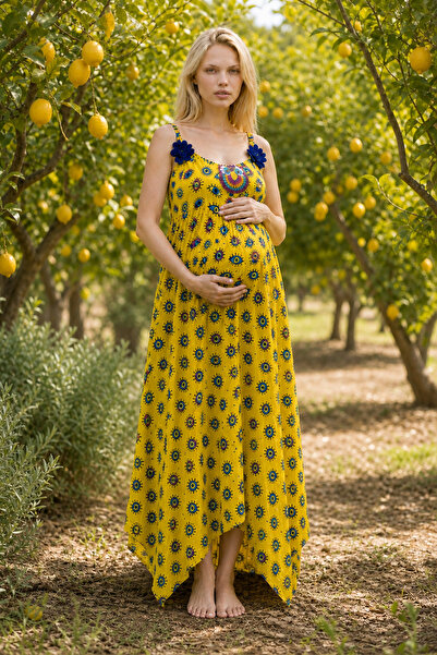 Park Moda Women's Handmade Embroidered Linen Maternity Dress Yellow Bohemian ...