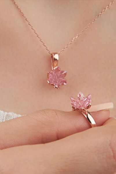 Siset Gümüş 925 Ayar Rose Kaplama Pembe Zirkon Taşlı Lotus Çiçeği Kolye - Yüz...