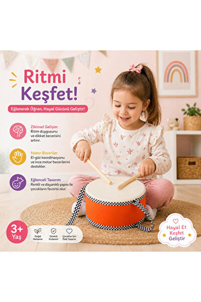 AyasEğiticiOyuncak Askılı Deri Çocuk Davulu, Bateri Trampet Vurmalı Orff Aleti