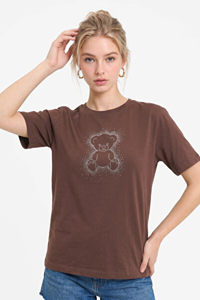 No Matter What Stone Detailed Teddy Bear Printed Oversize T-Shirt