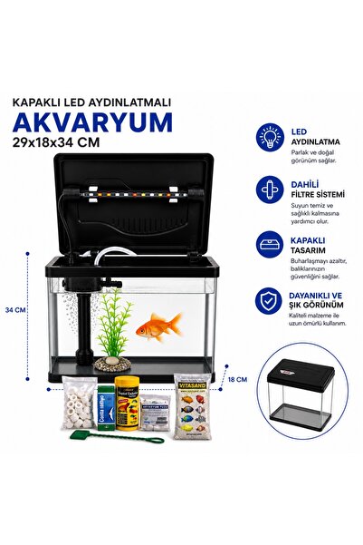 makro İTHAL AKVARYUM SİYAH KAPAKLI 29*18*34 CM FİLTRE+LED IŞIK +BAŞLANGIÇ SET...