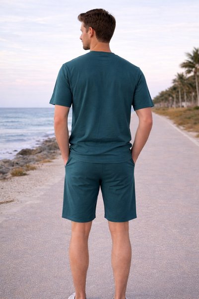 zeyra Men's Cotton Crew Neck Pants with Pockets Petrol Blue Shorts T-Shirt Set/ High Quality