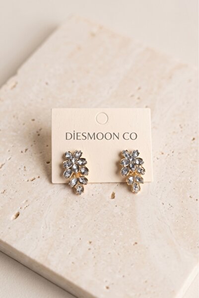 DİESMOONCO Markiz Kesim Zirkon Taşlı Çiçek Figürlü Gold Küpe