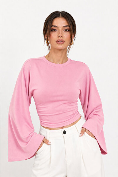 Zylen Kadın Beli Lastikli Yarasa Kol Crop Bluz
