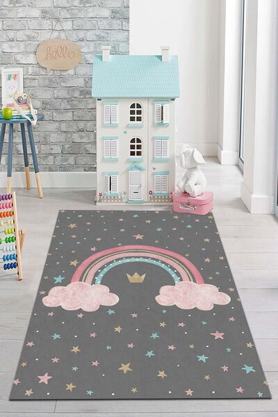 PINKIE HOME Dijital Baskı Kaymaz Makinede Yıkanabilir Pembe Gökkuşağı Desenli...