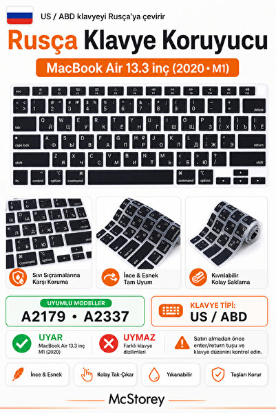 Mcstorey Rusça Klavye Koruyucu Macbook Air M1 Kılıf 13inç 2020 (M1 AİR 13") A...