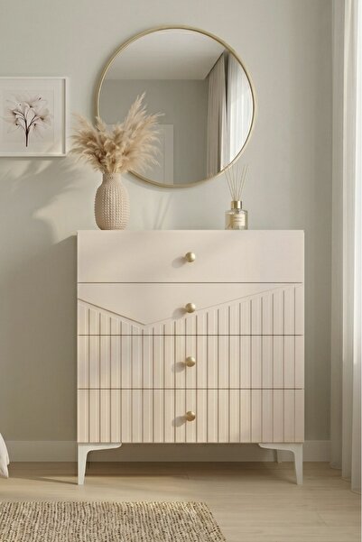 BYCİNO LEYLA 4 ÇEKMECELİ MODERN TASARIM MDF MEMBRAN KAPAK LAMBİRİ BEJ ŞİFONYER