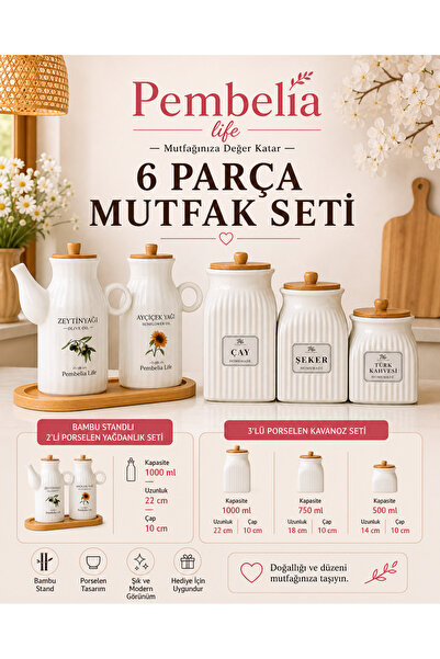 Kitchen Pembelia 6 Parça Bambu Standlı Porselen 1000ml Yağdanlık Ve 3’lu Çay ...