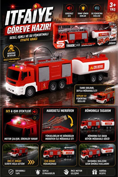 ctoy Sesli ve Işıklı Römorklu Su Fışkırtmalı İtfaiye Aracıyla İtfaiye Departm...