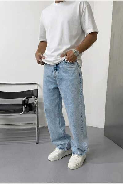 Wonraces Men's Ice Blue Extra Loose Baggy Straight Basic Denim Trousers