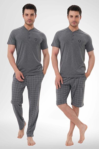 Mecit Pijama Mecit 2980 Füme Büyük Beden 3 Parça Erkek Şortlu Pijama Takımı