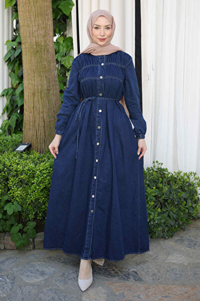 İmajButik فستان من قماش الدنيم باللون الأزرق الداكن بأكمام مطاطية وأزرار