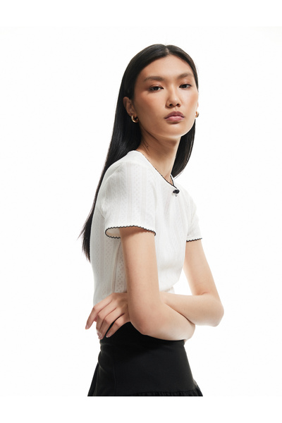 Koton Cotton Color Contrast Bow Slim Crew Neck Short Sleeve T-Shirt