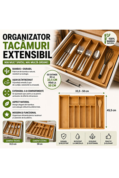 SMARTECH Organizator extensibil pentru sertare de bucătărie, bambus, 6-8 comp...