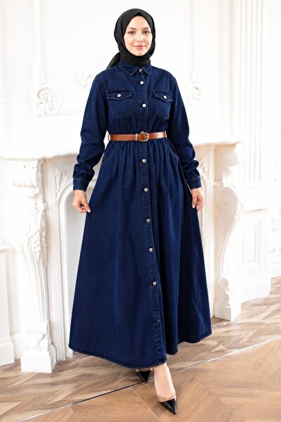 İmajButik Navy Blue Belted Buttoned Denim Dress
