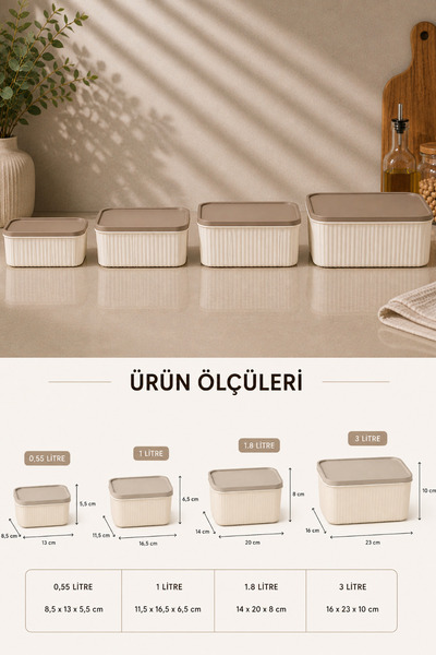 VALENT 4'lü Roma Çizgili Dikdörtgen Saklama Bej | 3LT 1.8LT 1LT 0.55LT | Mikrodalga v Dondurucu Düzenleyici
