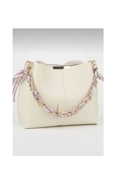 CRASHER Women's Beige Scarf and Chain Accessory Soft Leather 3-Compartment Handbag and Shoulder Bag