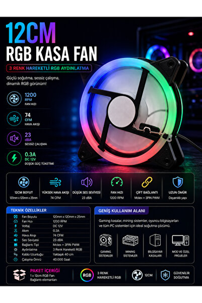 optana 1 Adet 12 Cm 3 Renk Hareketli Yanan RGB Kasa Mining Fanı Işıklı Rainbo...