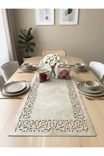 Ergüven Home Bej (KOYU KREM) Süet Kumaş Runner 40x140 Cm Masa Boyu - Geometri...