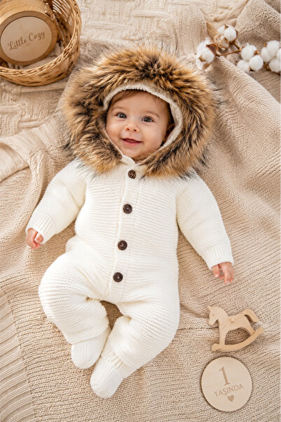 Sitilin Baby Girl and Boy Knitwear Winter Cream Fur Overalls Coat Hooded Stl6871