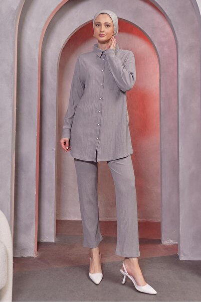 TRENDTESETTÜR KADIN GRİ GÖMLEK YAKA PANTOLONLU TAKIM T 4393