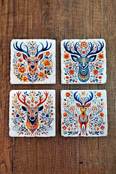 Begoloni Stone Decor Set of 4 Natural Stone Cups - 10x10x1 cm, Colorful Deer ...