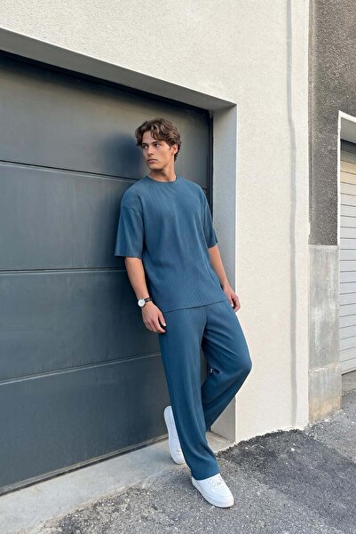VAMOSCLO Rebraste široke pantalone indigo boje