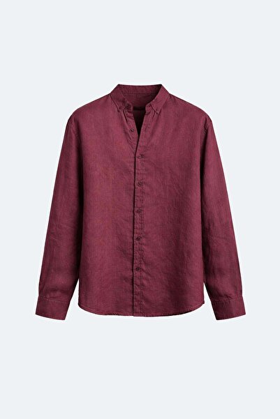 VAMOSCLO %100 Keten Oversize Uzun Kollu Gömlek Bordo