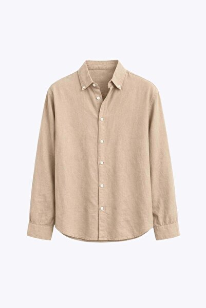 VAMOSCLO Basic Oversize Pamuk Keten Gömlek Vizon