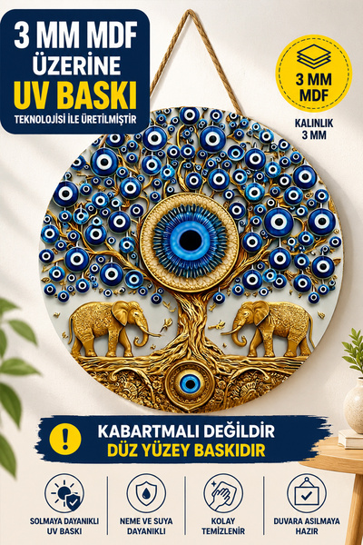 MARNELLO CONSEPT Nazar Boncuğu Temalı Ahşap MDF Duvar Süsü - Hayat Ağacı Tasa...