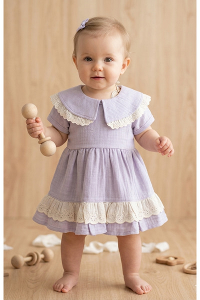 canmana kids&baby Eid Lace Detailed Summer Baby Collar Short Muslin Baby Dres...