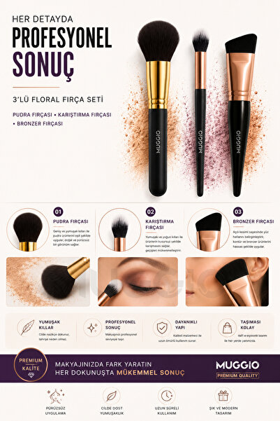 Muggio Floral Premium 3'lü Makyaj Fırça Seti Pudra - Karıştırma - Bronzer Fırçası
