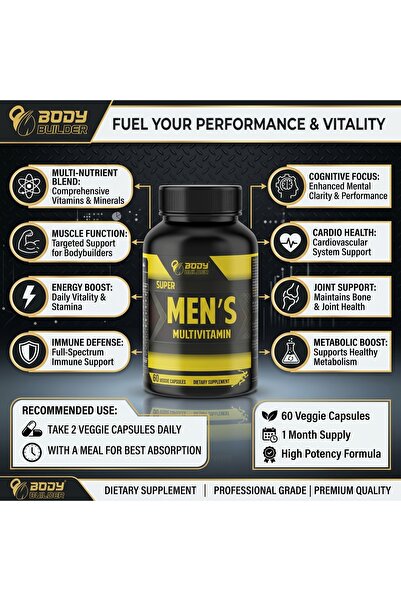 Body Builder فيتامينات متعددة للرجال، مكمل غذائي يومي للرجال، 60 كبسولة |   مساعدة في تعزيز الطاقة والقدرة على التحمل والمناعة