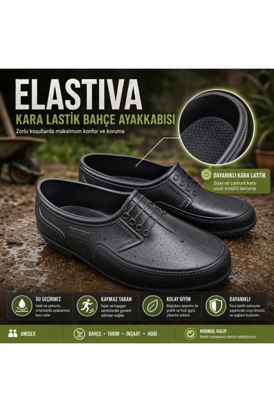 ÇİĞDEM KUNDURA Elastiva | Erkek Kara Lastik Bahçe Ayakkabısı