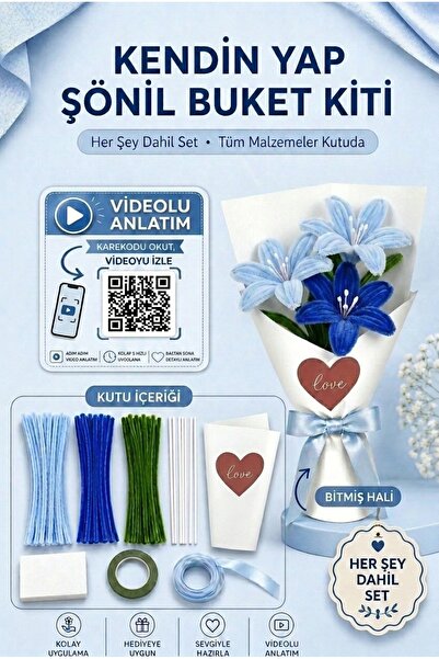 Bee Flower Shop Mavi Lilyum Buketi Kendin Yap (DIY) Kiti | 65 Adet Şönil İçer...