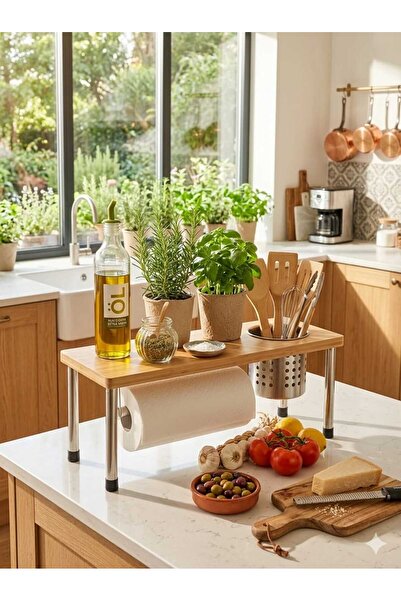 FİVE Kitchen organizer shelf, made of Bamboo and stainless steel, with holder...