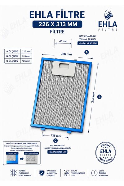 EHLA Filtre 22,6 X 31,3 cm Kumtell Luxell Da6 Davlumbaz Filtresi