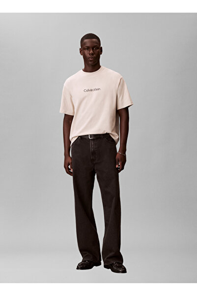 Calvin Klein Krem Erkek Logo Baskılı T-Shirt LV040HM2282JX_SS RLXD STANDARD LOGO