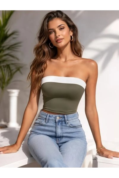 Olyssia Women's 2-Pack Black & Khaki Stripe Detailed Crop Top – Stylish and Comfortable Casual Blouse