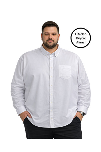 BattalModa Erkek Büyük Beden Beyaz Uzun Kollu Gömlek 3XL-4XL-5XL-6XL-7XL-8XL