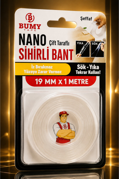 BUMY Çift Taraflı Güçlü Yapışkan Nano Sihirli Bant 19 mm x 1 MT Şeffaf Siliko...