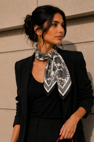 AFVENTE Bee Flower Pattern Cream-Black Soft Bandana Scarf 50X50 cm