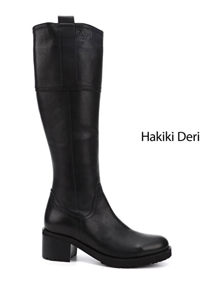 GÖNDERİ(R) Kadın Siyah Fermuarlı Kalıntopuklu Hakiki Deri Çizme