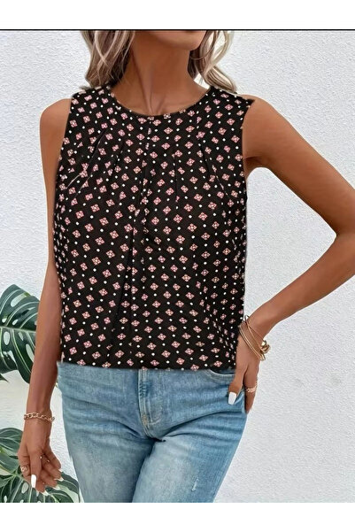Generic Brand Women's Strappy Round Neck Patterned Single Jersey Blouse